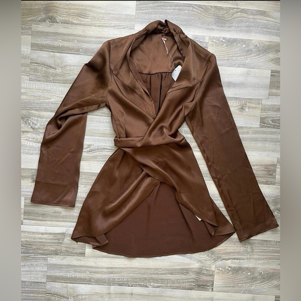 Free People brown wrap front long sleeve tunic top XS soft drapey texture